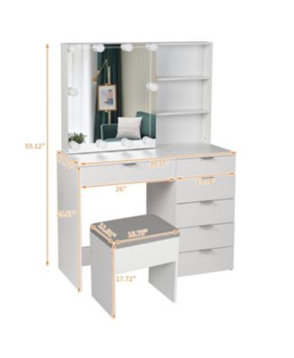 White Dressing Table Set with 6 Pumps, 2 Shelves, Mirror Cabinet & 3-Tone Light Bulbs