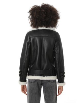 Women's Shearling Belted Biker Jacket, Silky Black with White Wool
