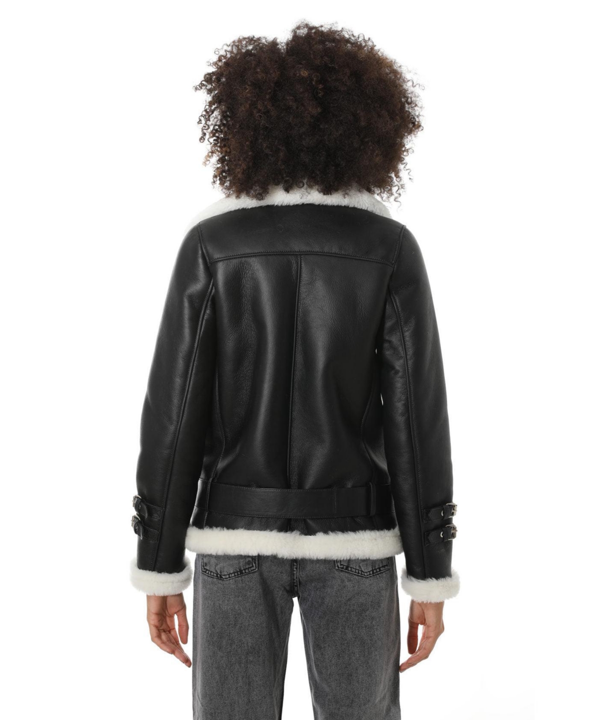 Furniq Uk Women's Shearling Belted Biker Jacket, Silkywith White Wool - Black