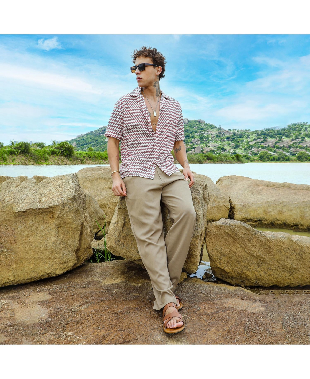 Campus Sutra Men's Terracotta& Powder White Chevron-Striped Oversized Shirt - Brown