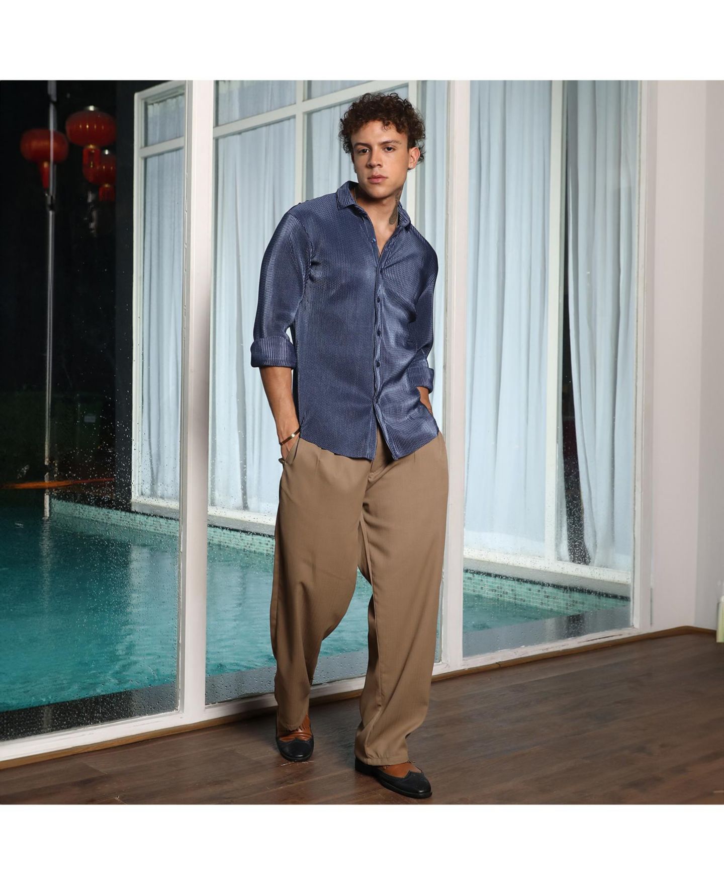 Мужская рубашка Campus Sutra Navy Blue Textured-Pleat, цвет: Синий — фото 5