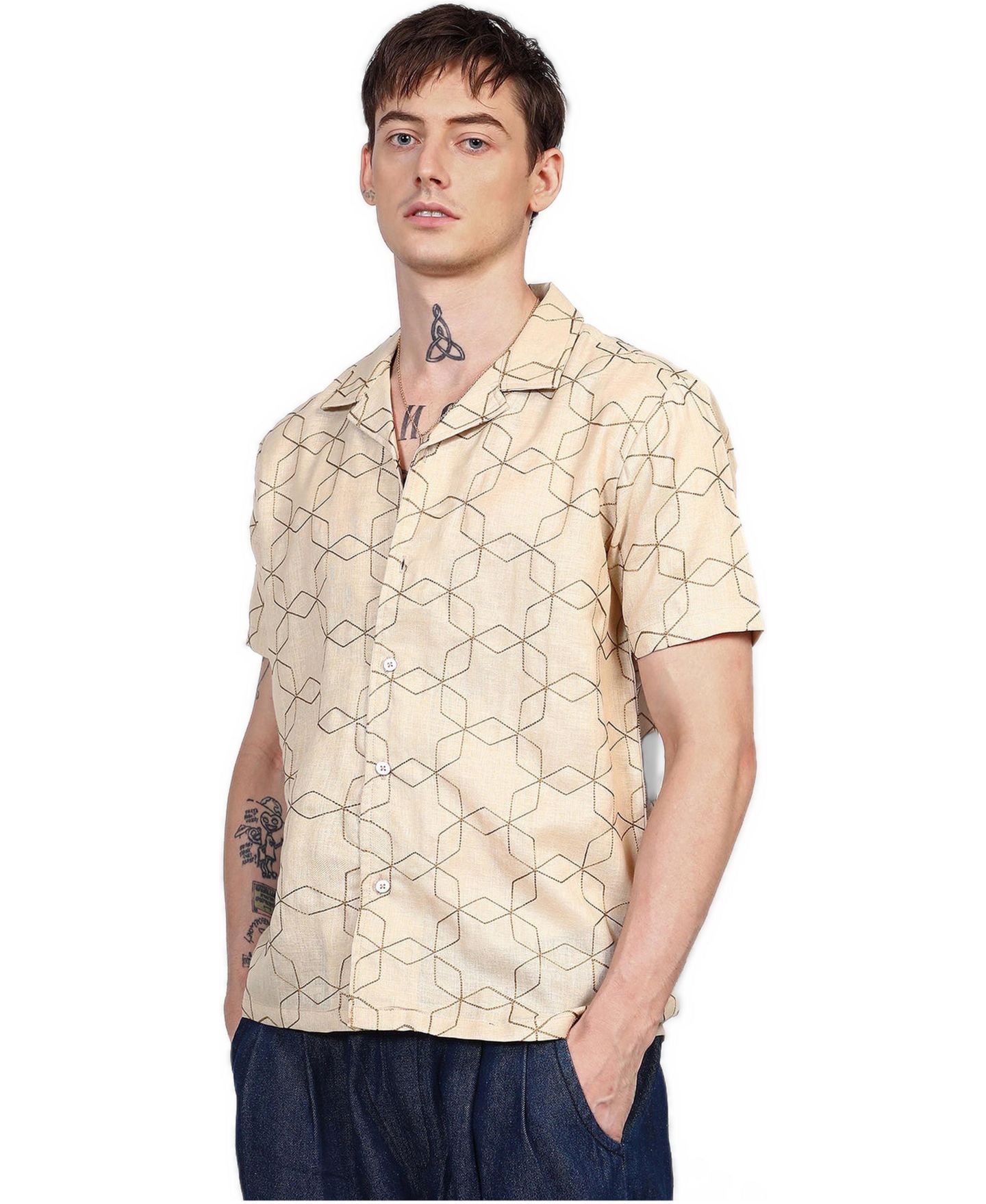 Мужская рубашка Cahoot Campus Sutra Beige Embroidered Geometric-Lined, цвет: Бежевый / Хаки — фото 3