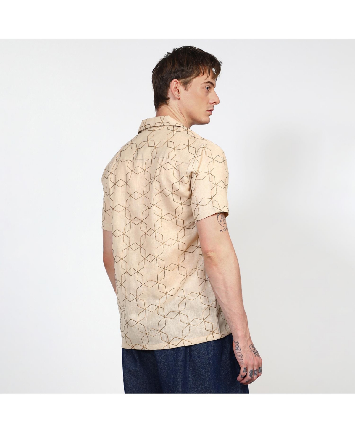 Campus Sutra Men's Beige Embroidered Geometric-Lined Shirt