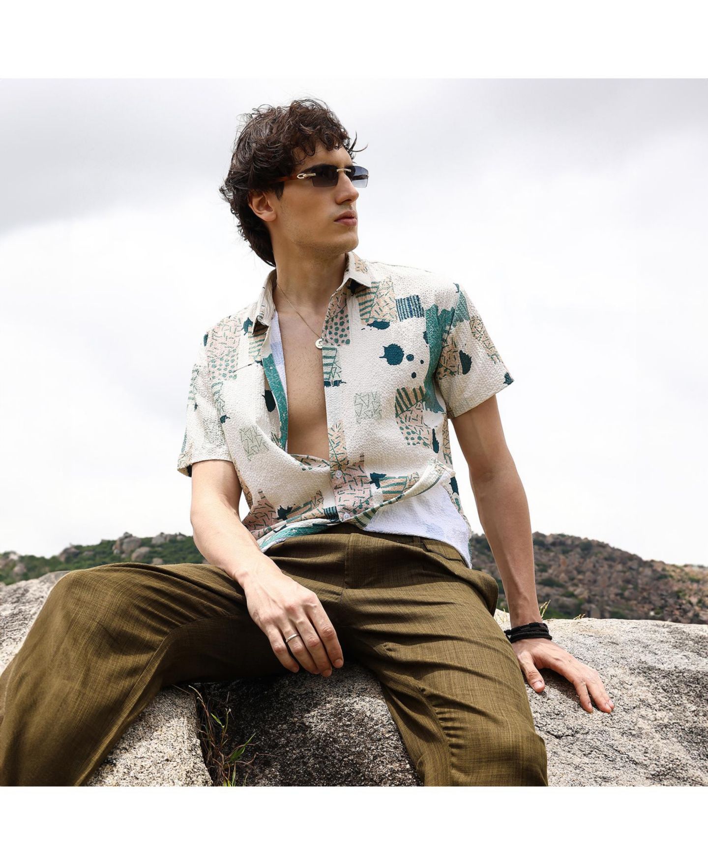 Мужская рубашка Cahoot Forest Green & Bone Beige Abstract Seersucker, цвет: Зелёный — фото 3