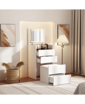 LED Light White Wood 3-Drawer Chest of Drawers with Flip-top Mirror