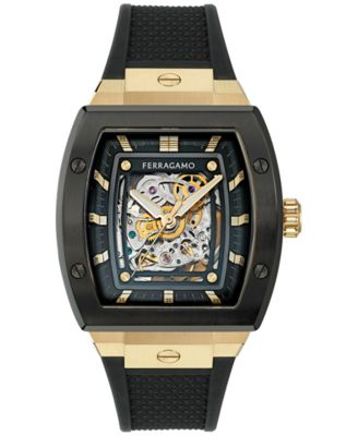 Ferragamo - Men's Swiss Automatic F-80 Tonneau Skeleton Black Polyurethane Strap Watch 42mm