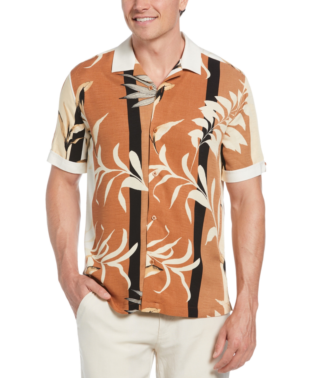 Men's Short Sleeve Button-Front Floral Print Camp Shirt - Pecan Brown