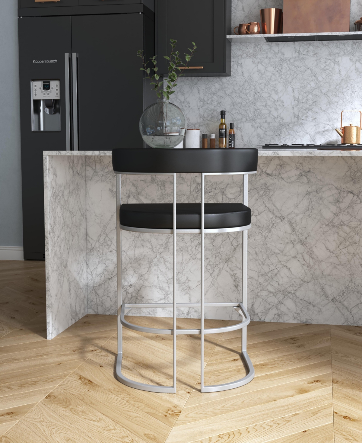 Hillsdale 34.5" Metal And Upholstered Cannonwood Half Moon Shape Height Stool In Silver