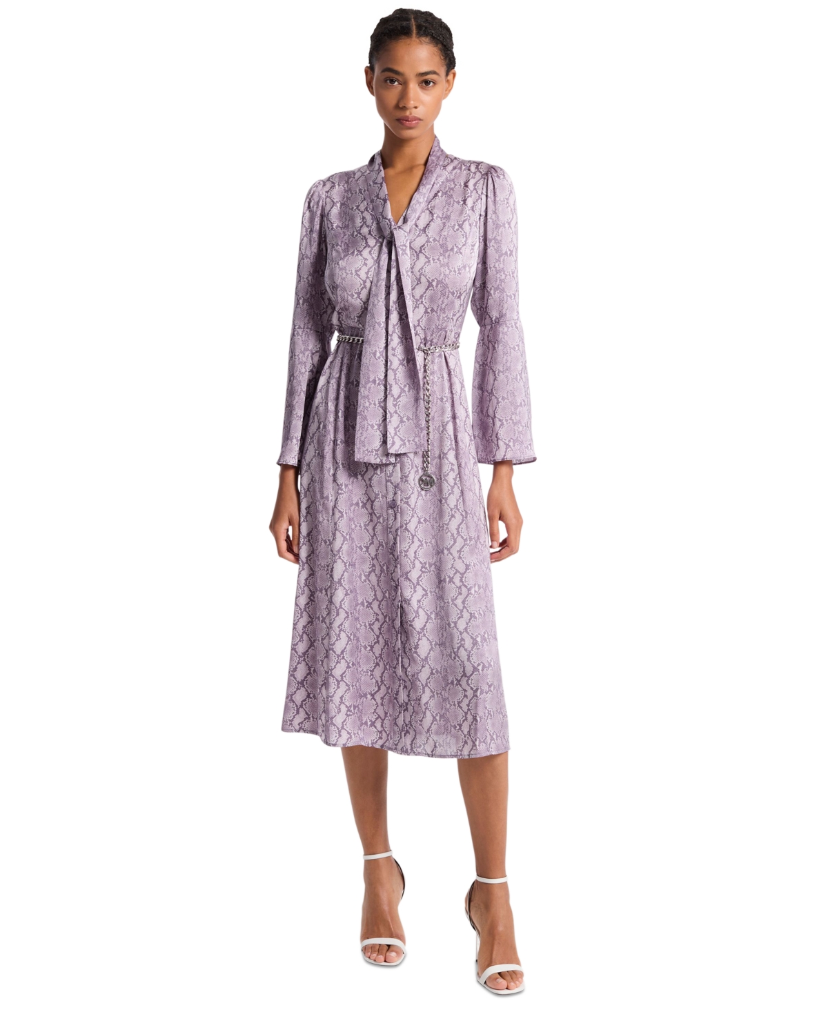 Michael Kors Women's Snake-Print Bell-Sleeve Midi Dress with Chain Belt