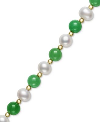 Dyed Green Jade & Freshwater Pearl (7-1/2 - 8-1/2mm) Beaded Bracelet in 10k Gold
