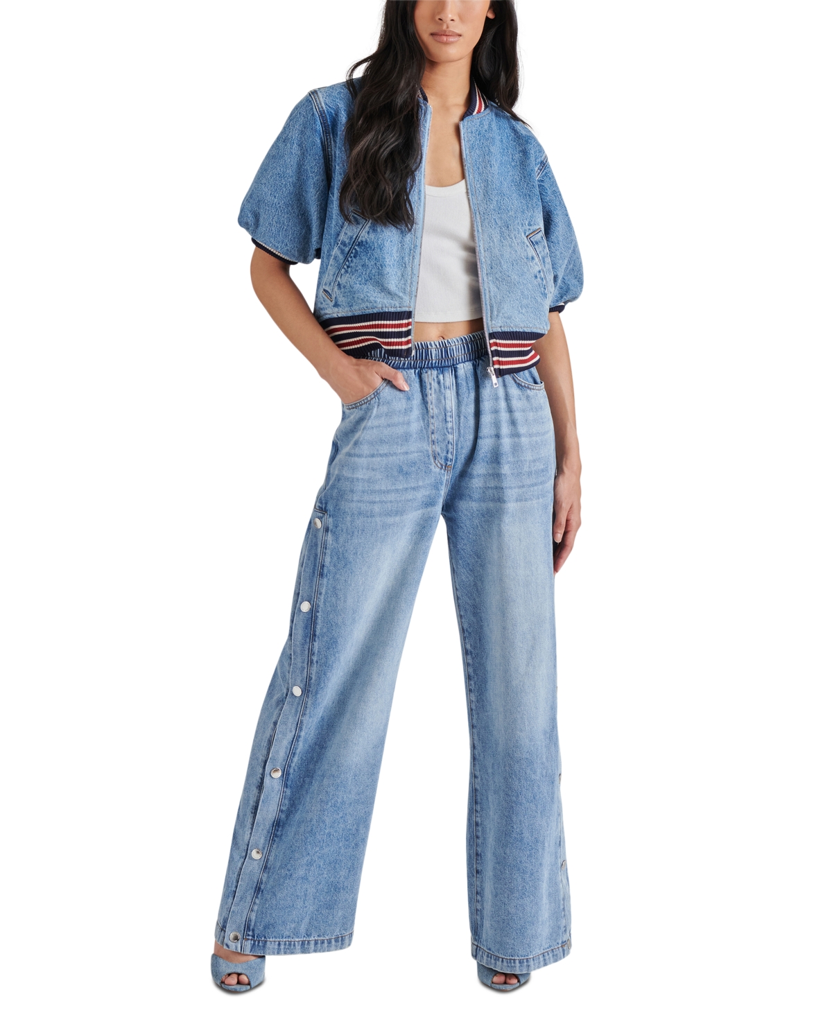 Steve Madden Women's Keenie Side-Snap Wide-Leg Denim Pants