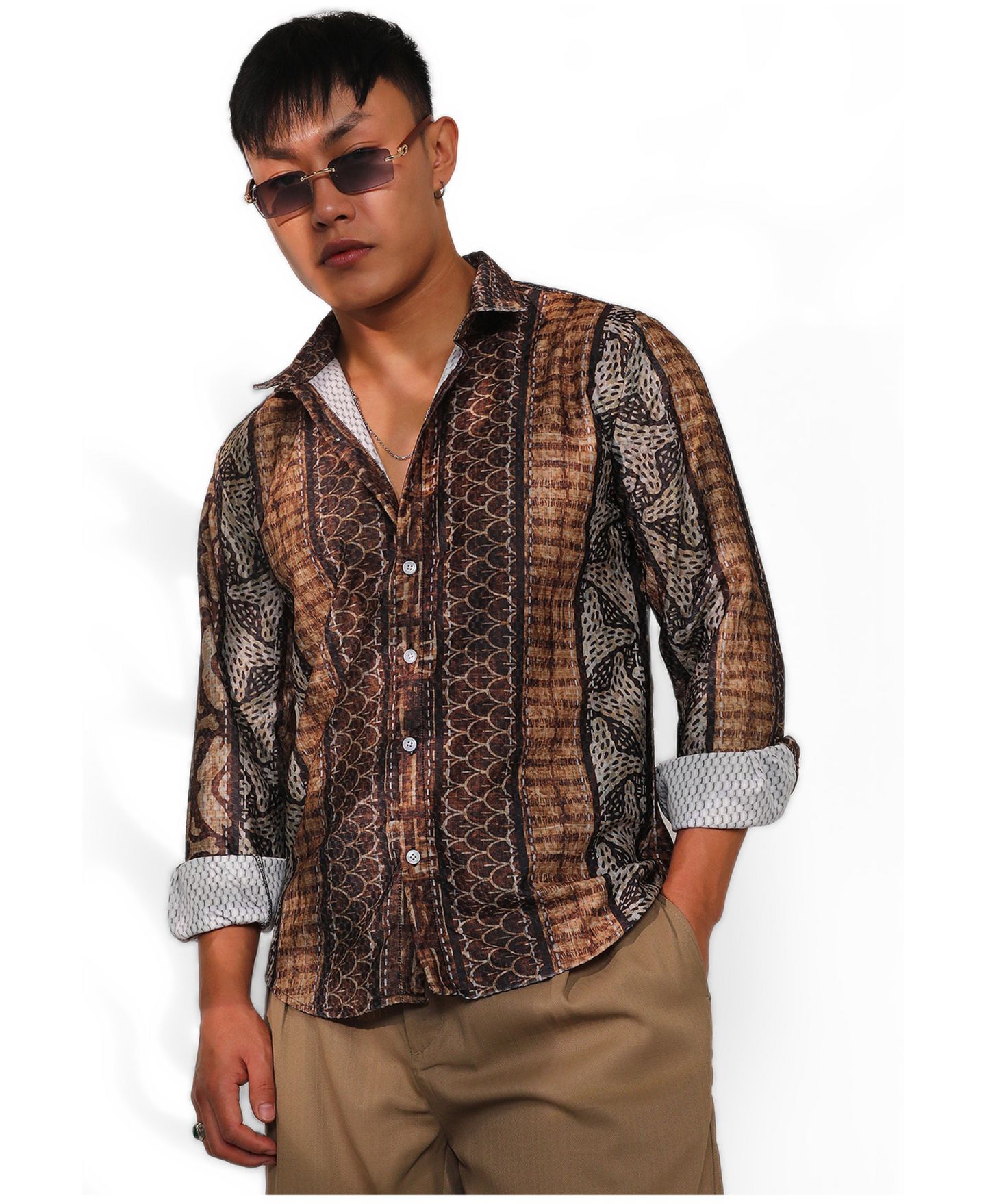 Мужская рубашка Cahoot Campus Sutra Chocolate Brown Folk Print, цвет: Коричневый — фото 5