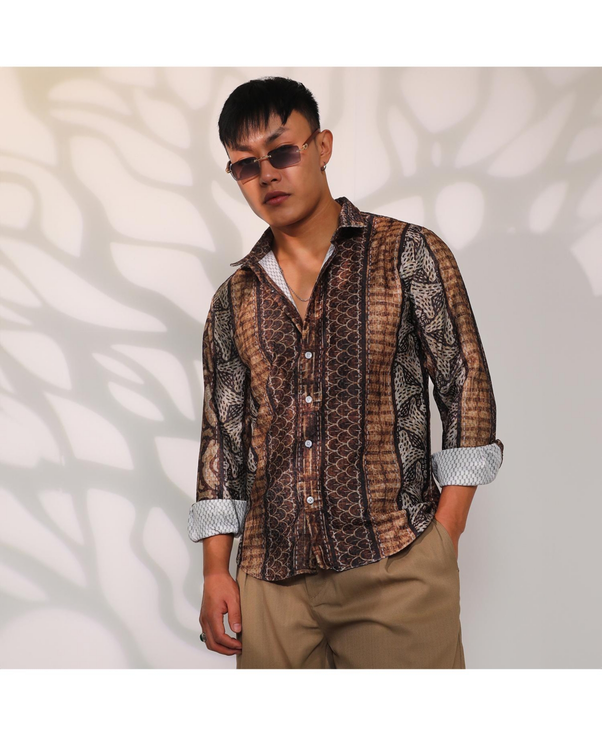Campus Sutra Men's ChocolateFolk Print Shirt - Brown