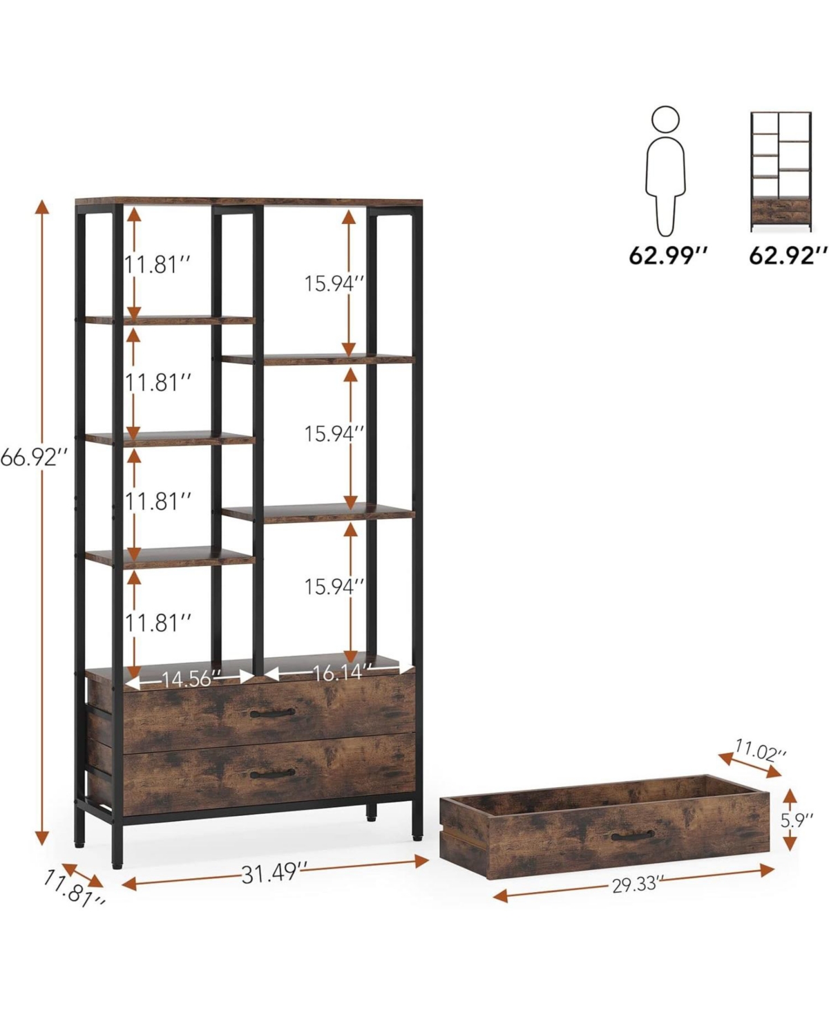Tribesigns Bookshelf Bookcase Set of 2, Modern Tall Bookcase with Drawers, 5-Tier Wood Etagere Bookshelves with Open Storage Space, 2 Drawer Book shle