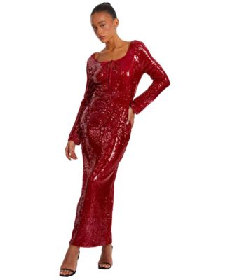 Women's Tie Neck Sequin Maxi Dress - Red