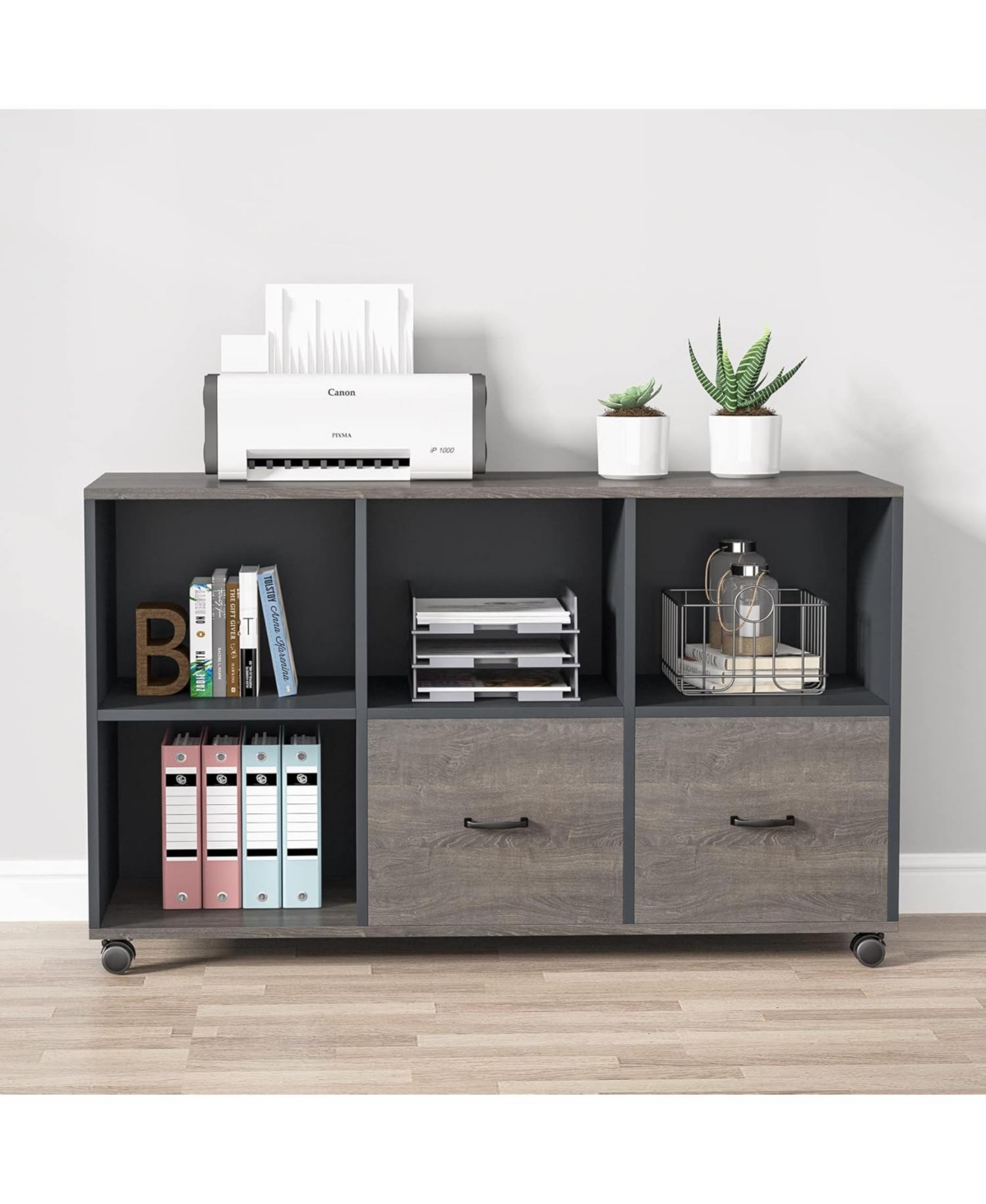 Tribesigns 2 Drawers Lateral File Cabinets, Home Office Mobile Wood Filing Cabinet Printer Stand with Wheels and Open Storage Shelves,Drawers