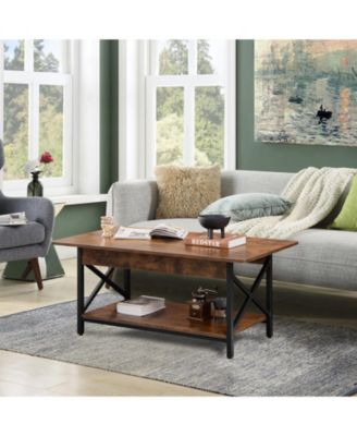 Coffee Table Industrial 2-Tier w/ Storage Shelf &Storage Shelf for Living Room Rustic Brown