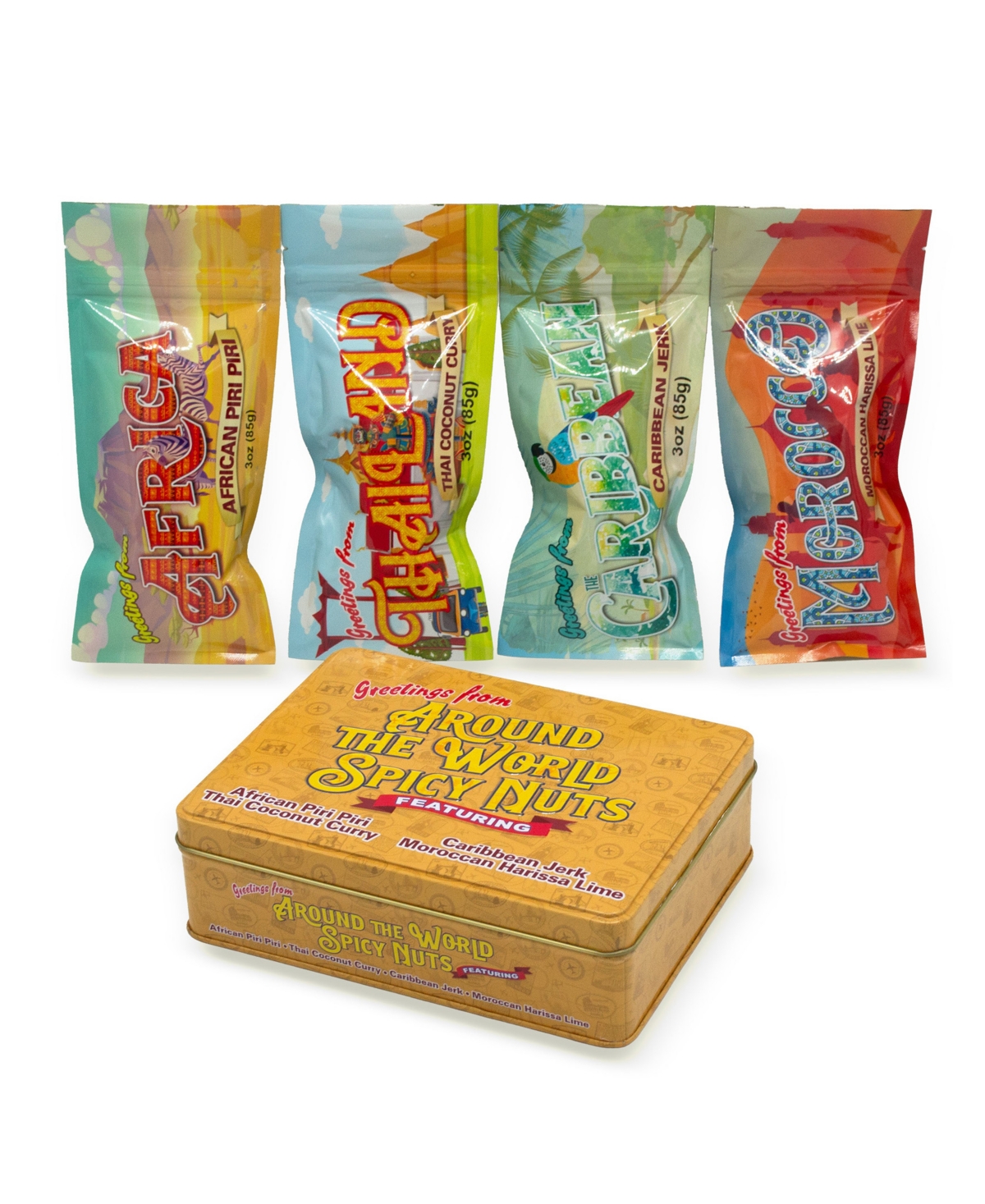 DM SNACKS AROUND THE WORLD SPICY NUTS SAMPLER TIN, 12 OZ. 