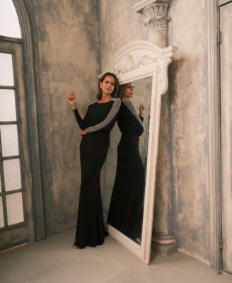 Women's Beaded-Sleeve Ruched Gown