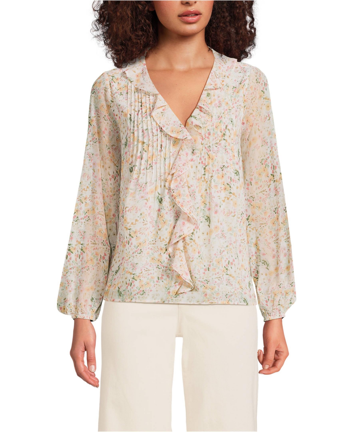 Lands' End Women's Chiffon Ruffle Front Pleated Blouse