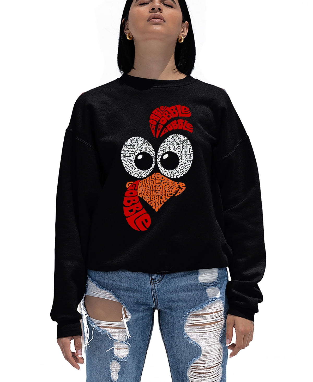 LA POP ART WOMEN'S TURKEY FACE WORD ART CREWNECK SWEATSHIRT 