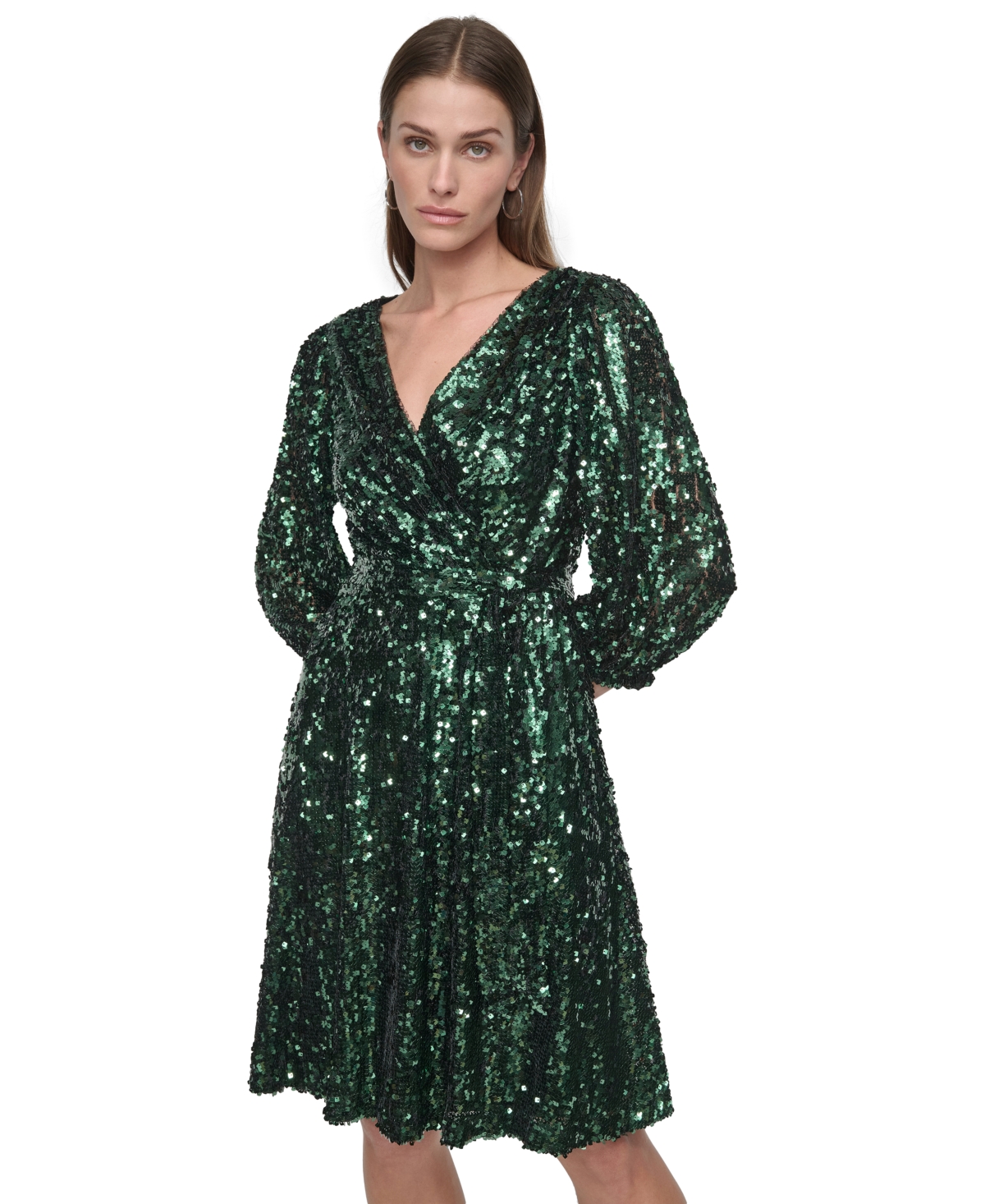 Dkny Women's Sequinned Faux-Wrap Fit & Flare Dress -Black