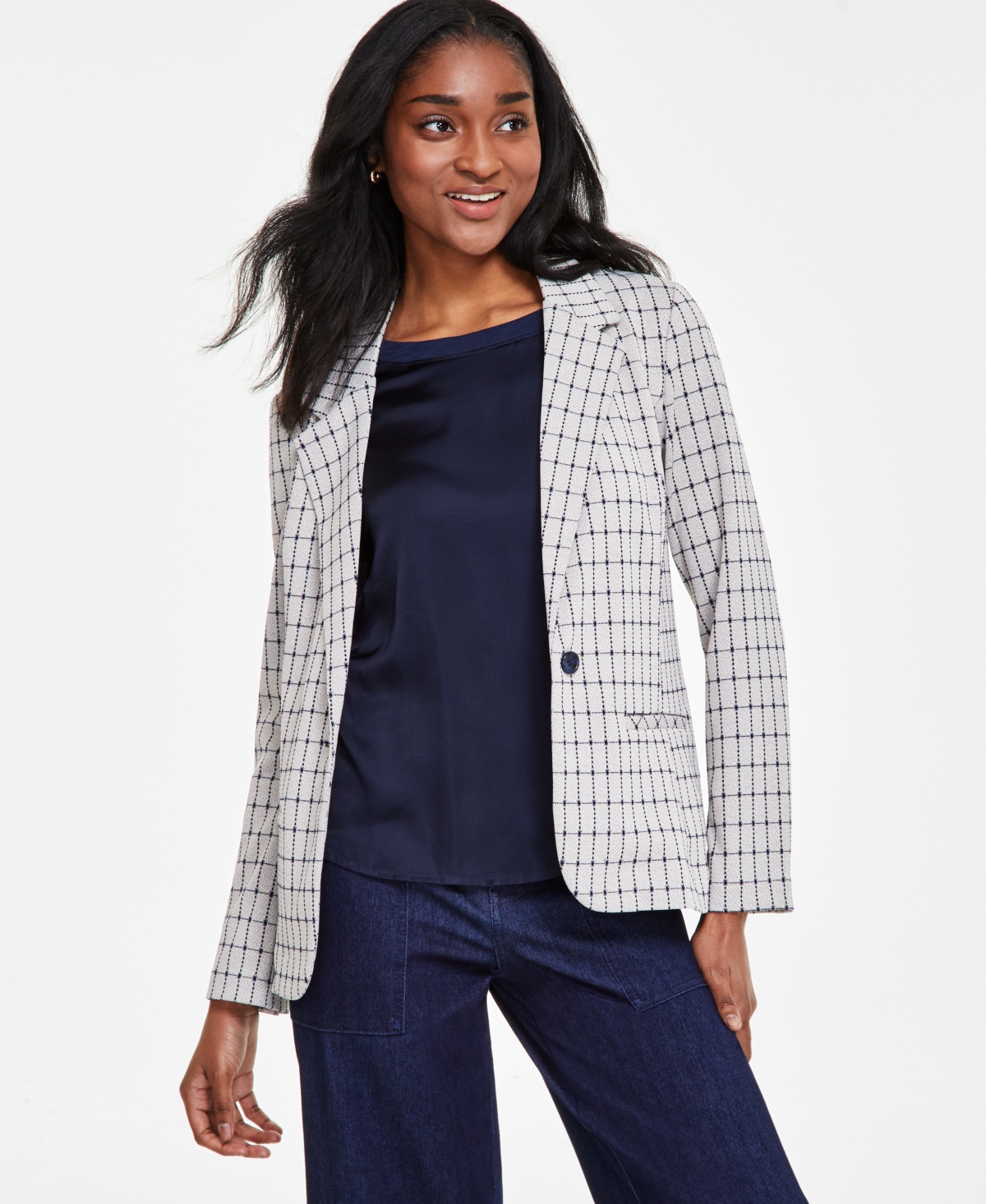 Shop Liverpool Los Angeles Women's Check Fitted Notch-collar Blazer In Navy Taupe Grid