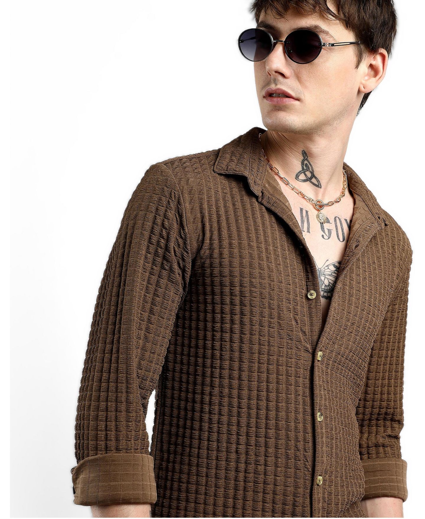 Мужская рубашка Cahoot Campus Sutra Chocolate Brown Cube-Textured, цвет: Коричневый — фото 5