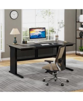63 Inch Executive Desk with File Cabinet, Large Office Desk L Shaped Computer Desk with Drawers and Storage Shelves