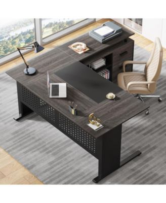 63 Inch Executive Desk with File Cabinet, Large Office Desk L Shaped Computer Desk with Drawers and Storage Shelves