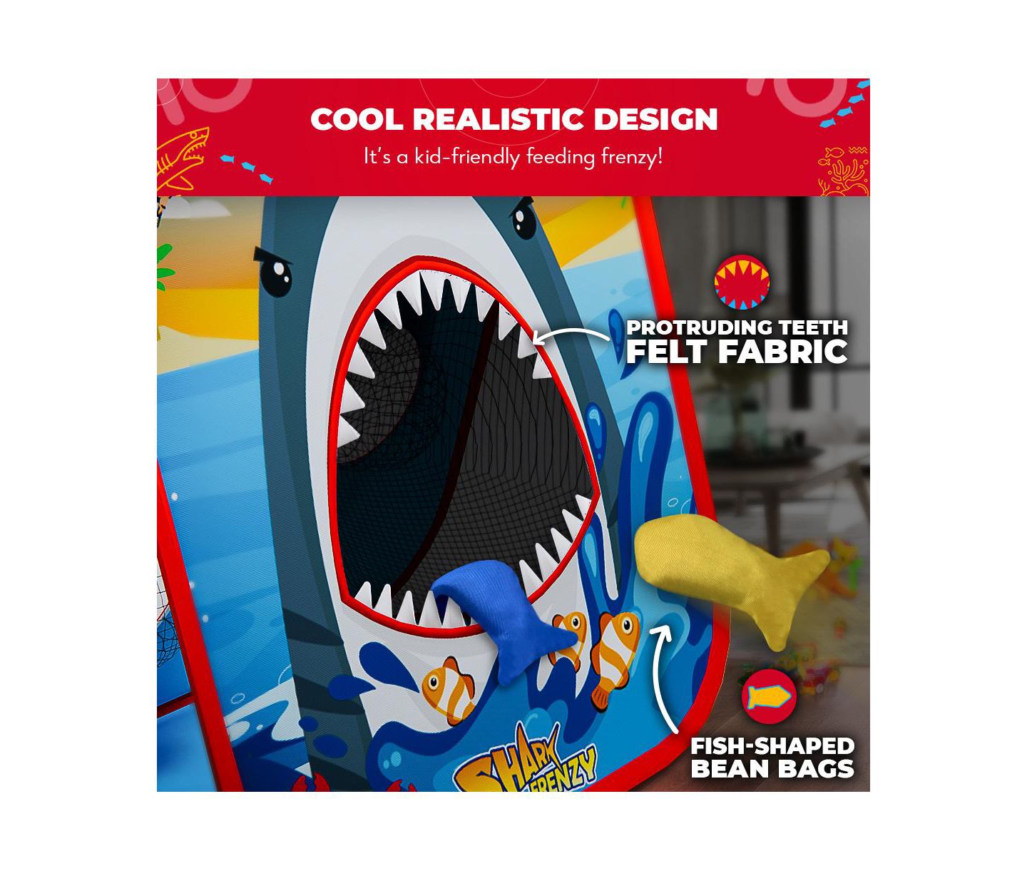 Детские игрушки SWOOC Shark Frenzy 2-in-1 Foldable Bean Bag Toss Game, 20"W x 23"H, Ages 2+ — фото 2