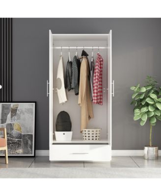 White 2-Door Wardrobe Armoire with 1-Drawers and Hanging Rod
