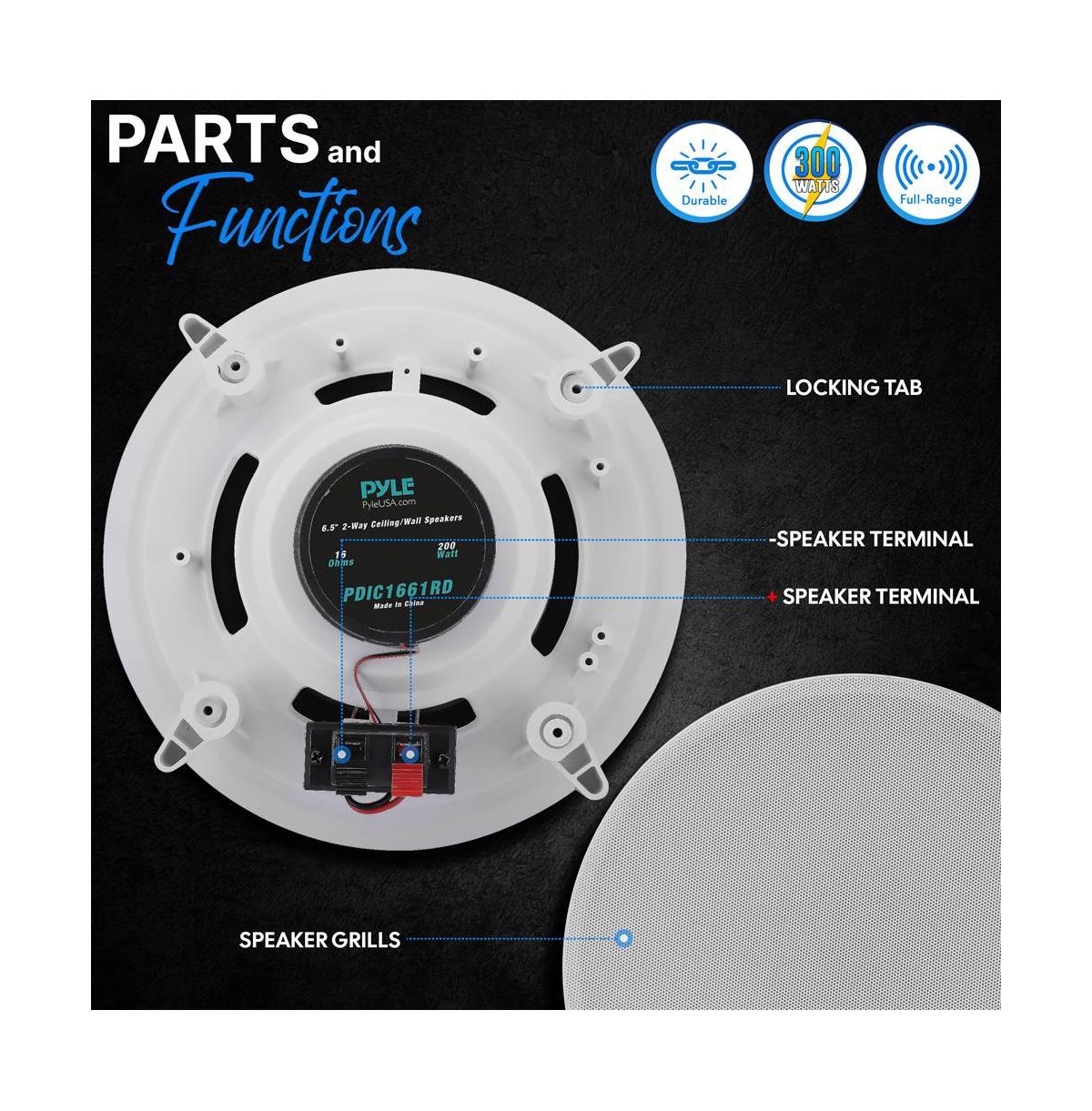 Pyle 6.5'' In-Wall / In-Ceiling Speakers, 2-Way Flush Mount Home Speaker Pair, 200 Watt