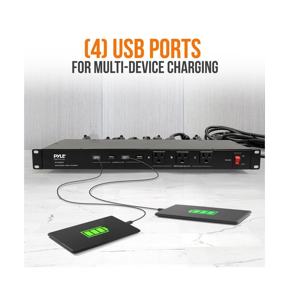 Pyle Pro Audio Power Supply Surge Protector, Rack Mount Power Conditioner Strip with (4) Usb Charge Ports