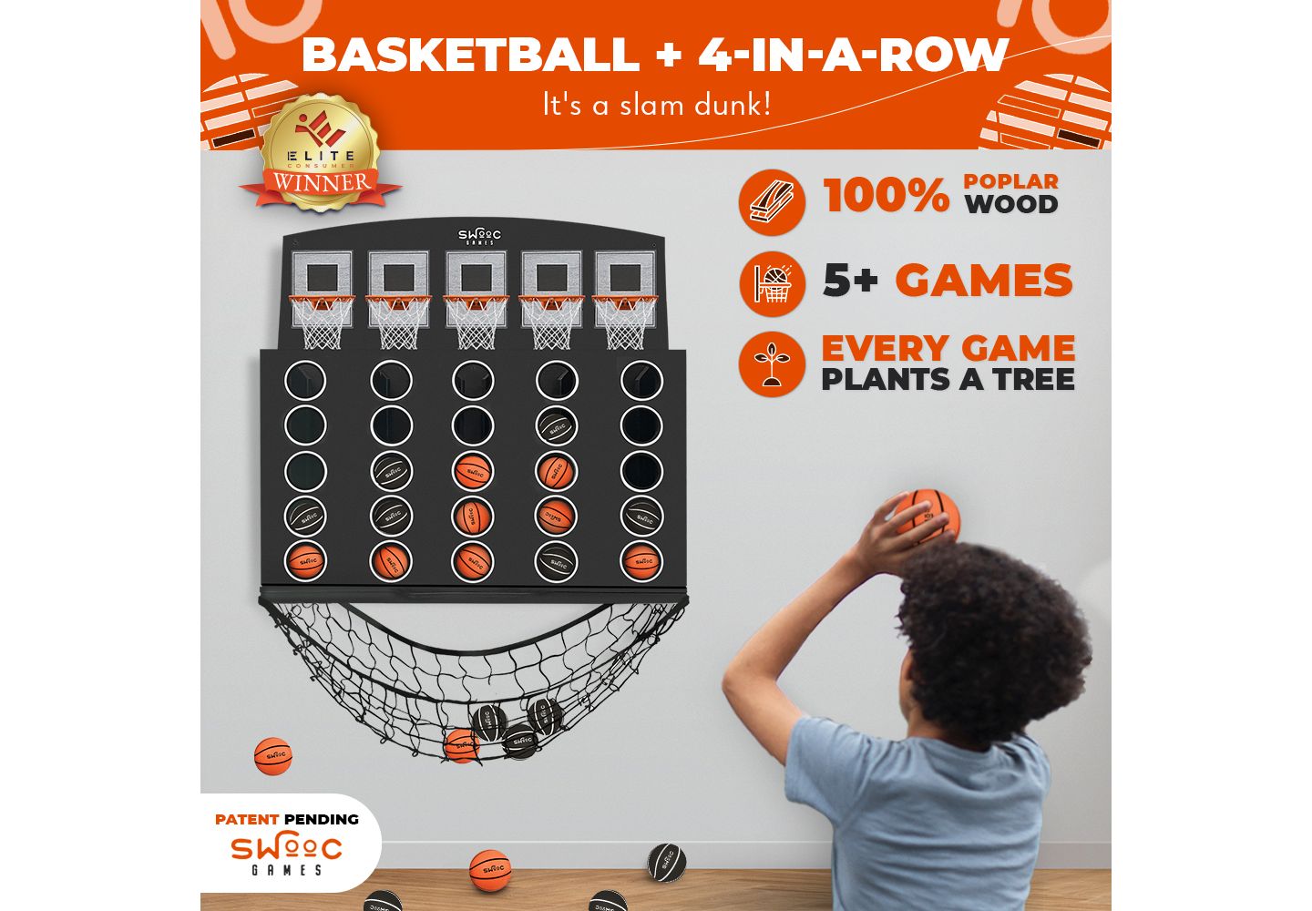 Детская настольная игра SWOOC Low Post Lineup Wall-Mounted Basketball 4 In A Row Board Game, Ages 3+ — фото 2