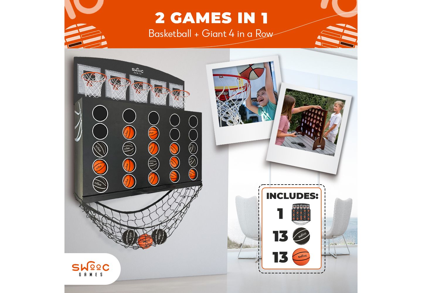 Детская настольная игра SWOOC Low Post Lineup Wall-Mounted Basketball 4 In A Row Board Game, Ages 3+ — фото 5