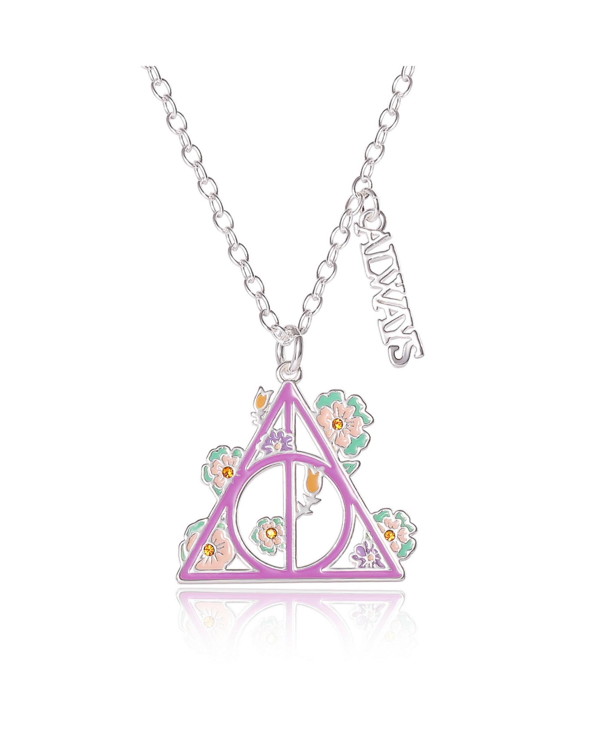 Deathly Hallows Pendant Necklace with Enamel Floral Jewelry Design - Silver tone, pink