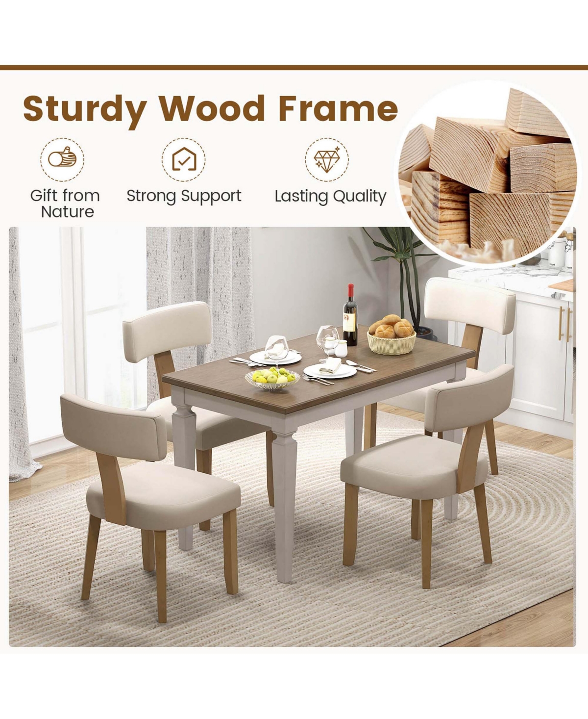 Costway Set of 2 Armless Dining Chairs with Curved Backrests & Padded Seat Cushions -khaki