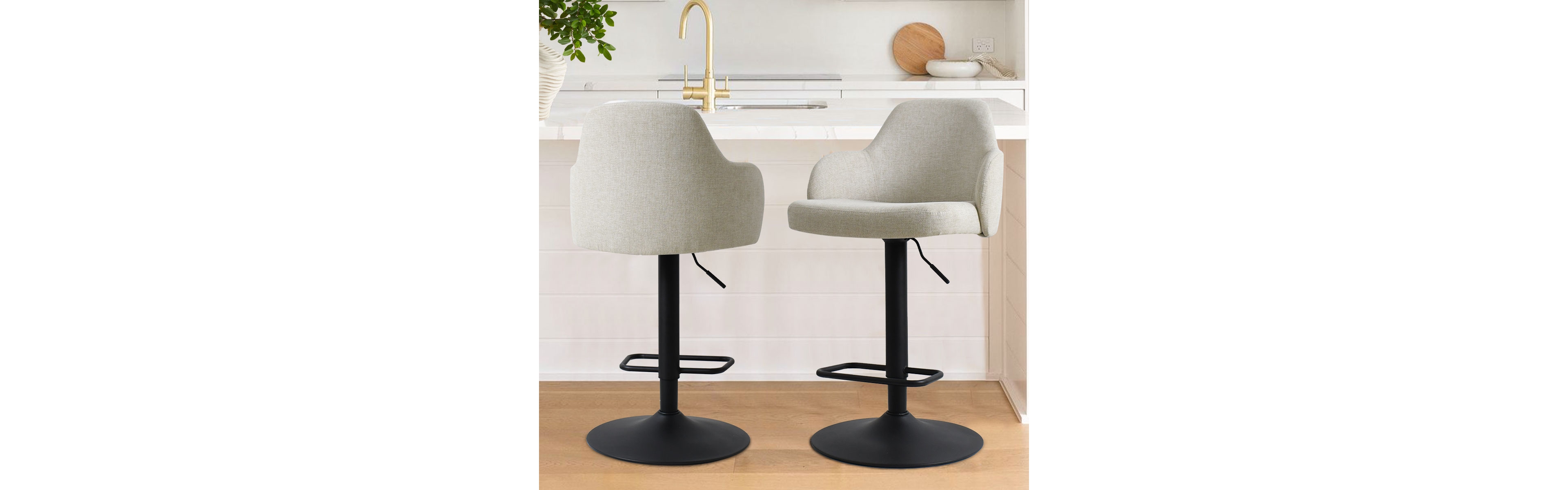 Set Of 2 Armrest Upholstered 360° Swivel Adjustable Barstool With Black Legs-Maison Boucle
