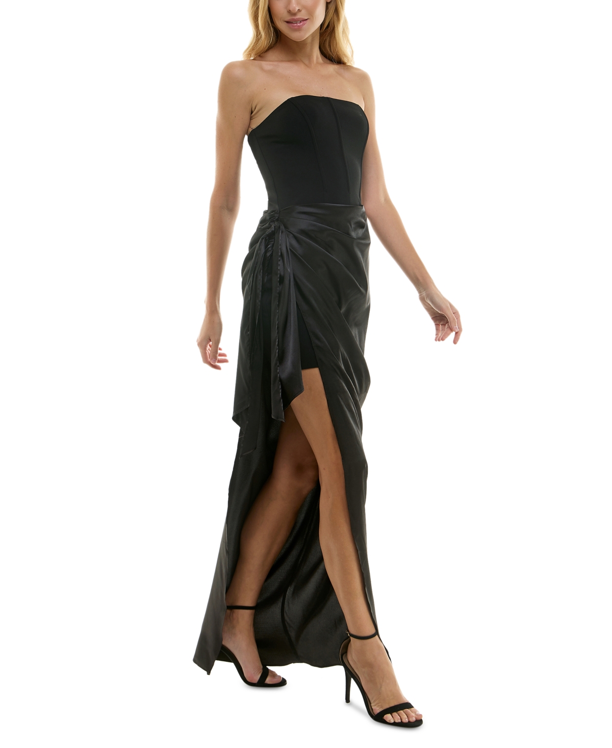 City Studios Juniors' Strapless Wrap-Overlay Gown