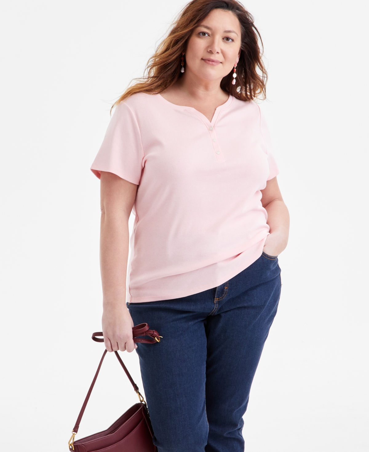 Plus Size Short-Sleeve Henley Top, Exclusively at Macy's - Peachy Pink