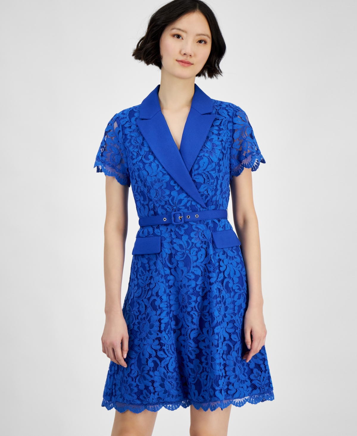 Tahari Petite Notch-Lapel Belted A-Line Lace Dress