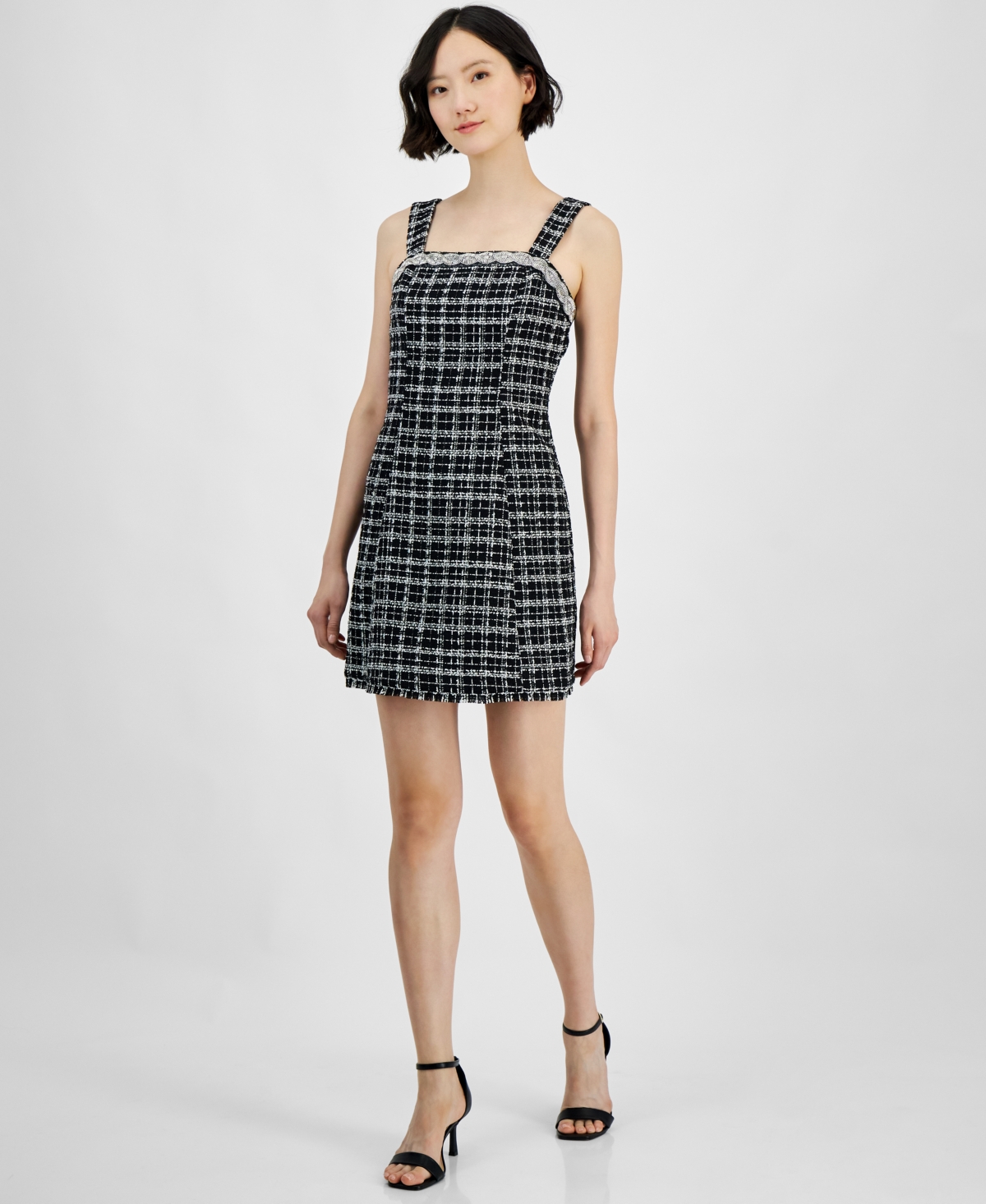 Tahari Petite Tweed Embellished-neck Sleeveless Dress In Black,ivory