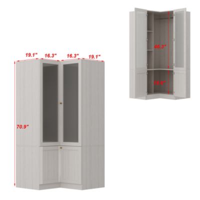 Corner Wardrobe Closet with 2 Glass Doors, Armoire with Hanging Rod