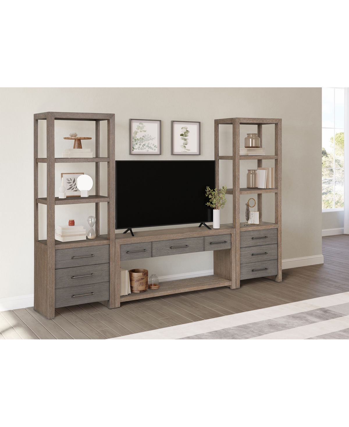 Macy's Portmore 60" Wood 3pc Tv Console Set (60" Console, 2 Piers) In Two-tone Brown Finish