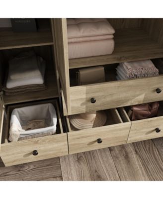 Brown Rattan Doors Wardrobe with 5-Drawers,2-Hanging Rods,Top Cabinet