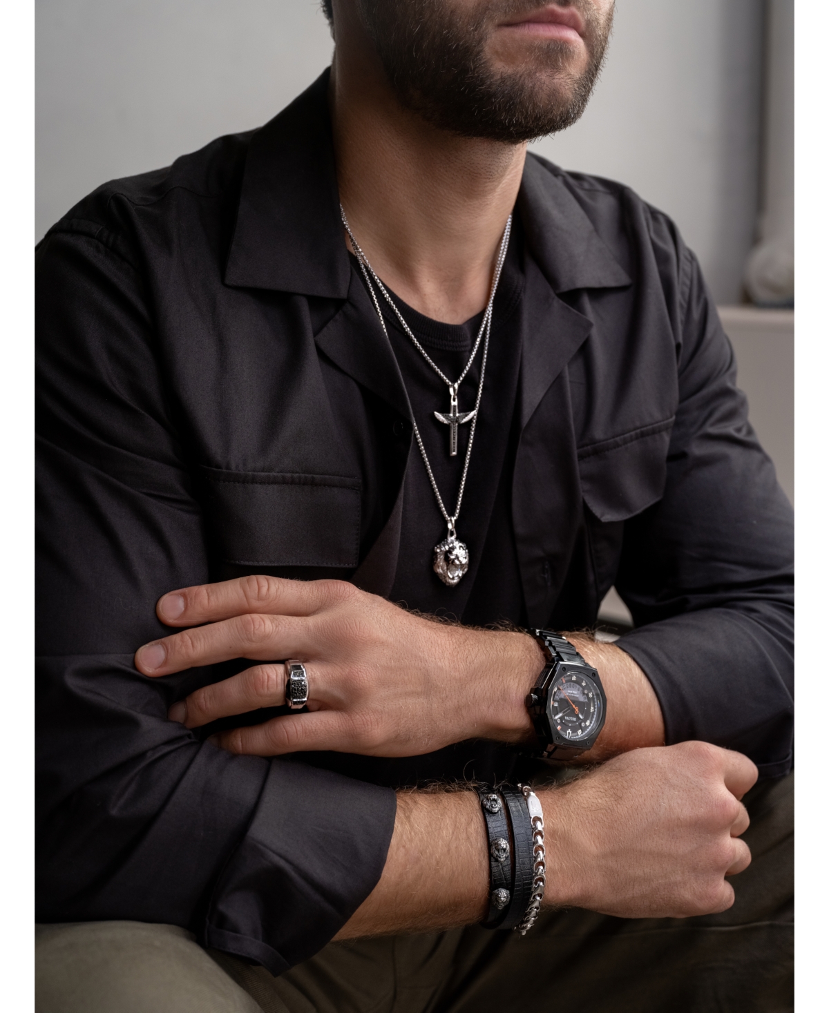 Bulova X Marc Anthony Men's Lion Head Studded Leather Wrap Bracelet In Black