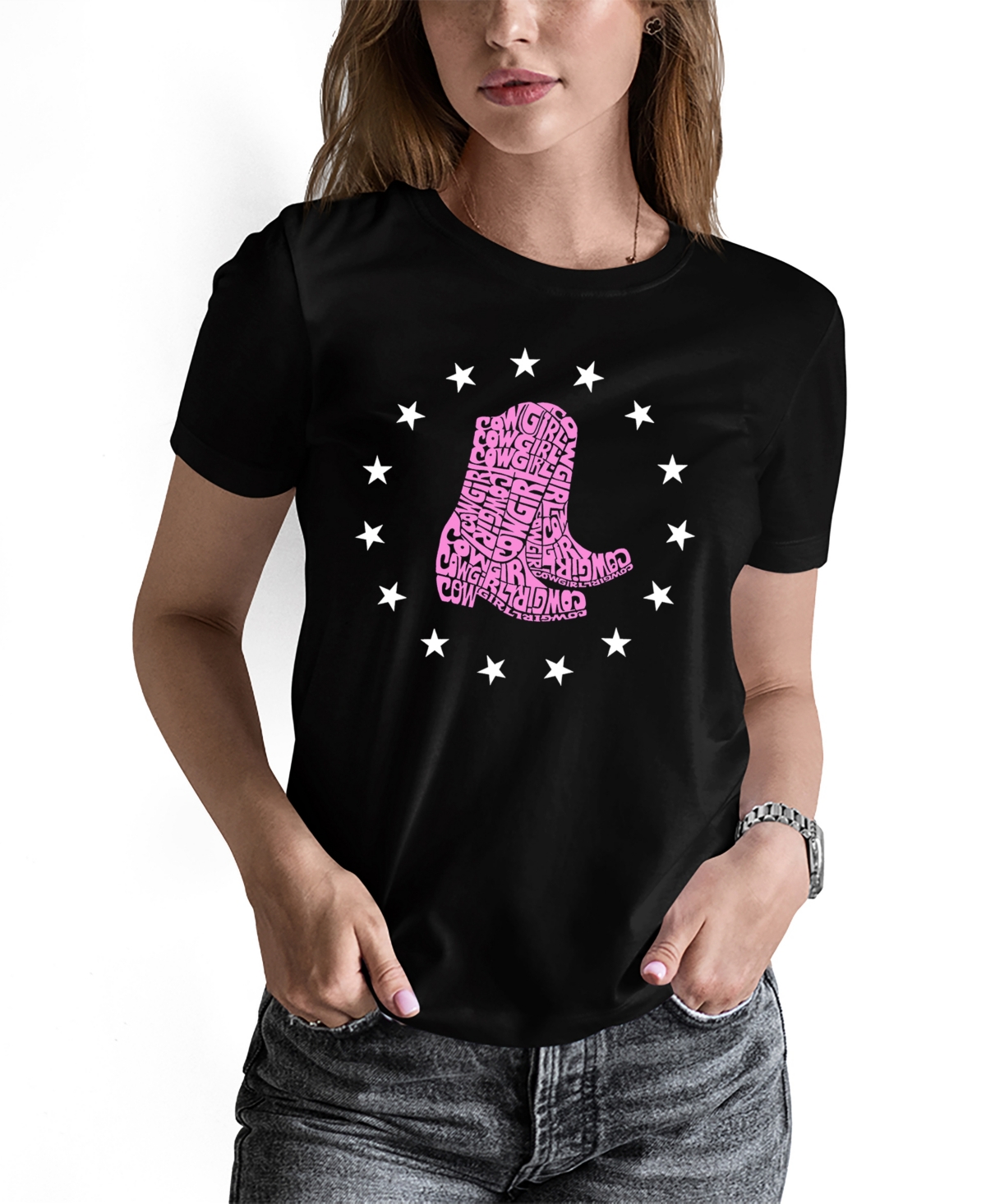 Shop La Pop Art Women's Cowgirl Boots Word Art Crew Neck T-shirt In Black