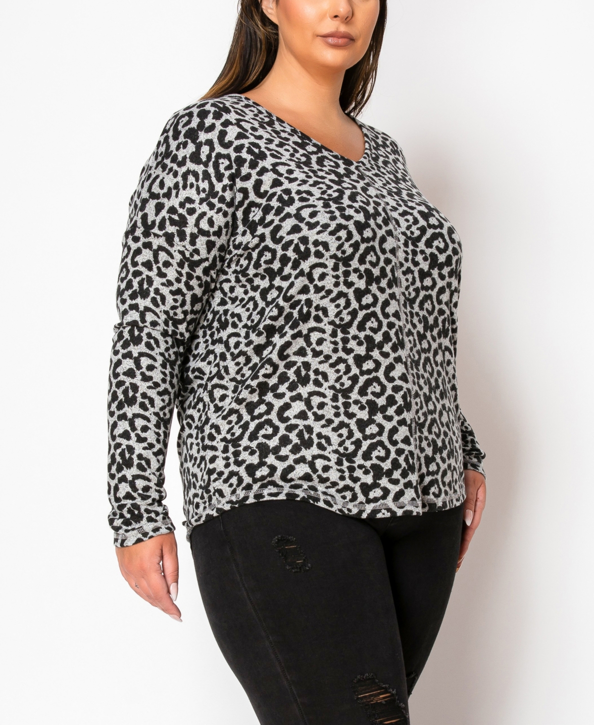 Coin 1804 Plus Size Leopard Print Cozy V-Neck Dolman Sleeve Top