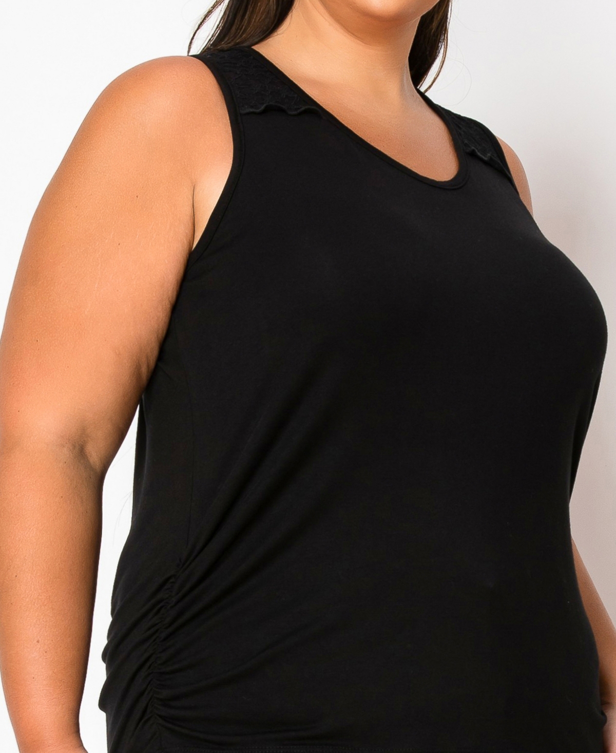 Coin 1804 Plus Size Lace Yoke V-Neck Side Ruched Tank Top